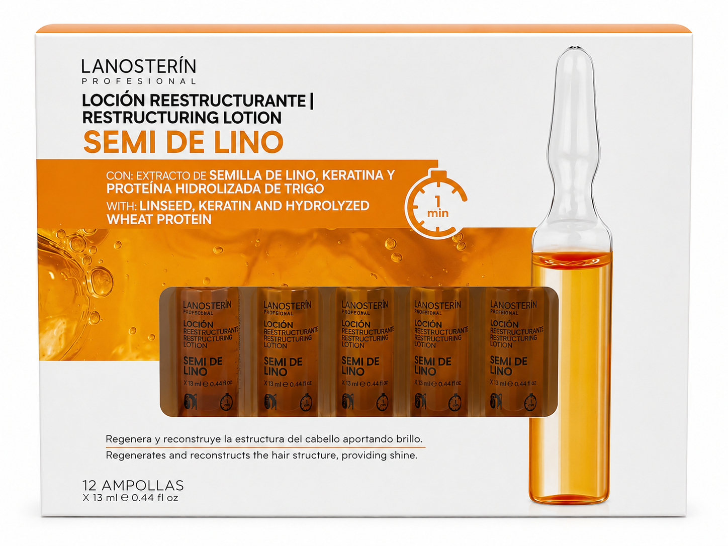 Lanosterín Profesional Loción Reestructurante Semi de Lino 13ml — Caja de 12 Ampolletas