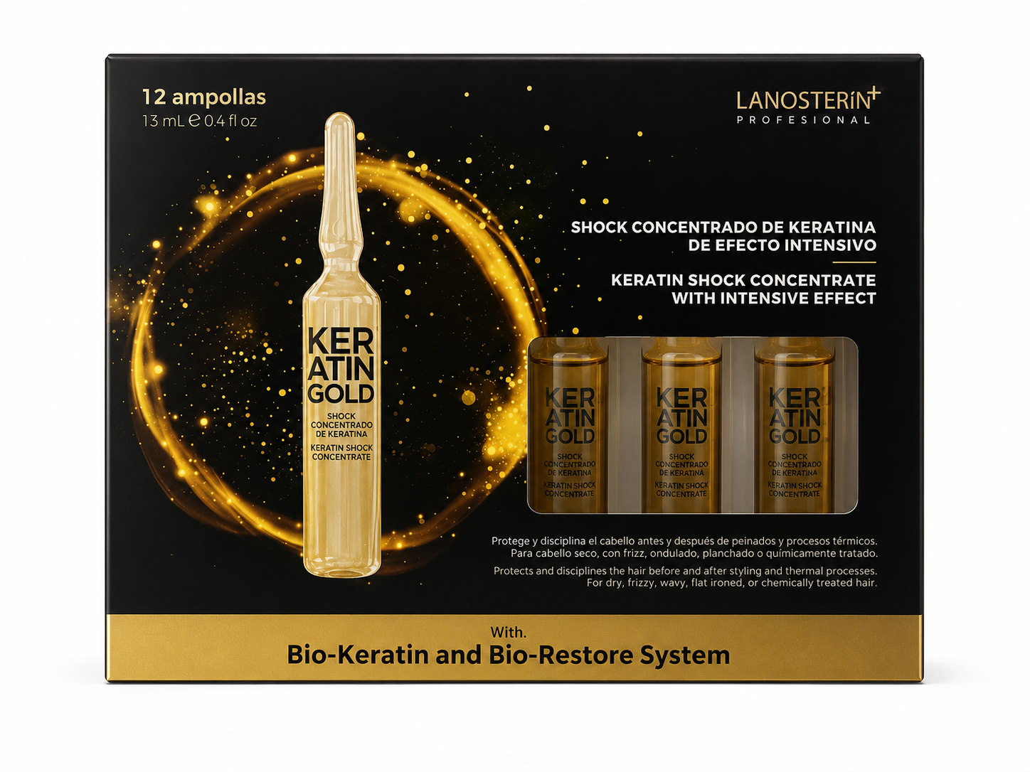 Lanosterín Profesional Keratin Gold Shock 13ml — Caja de 12 Ampolletas